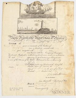 Ship's Pass for the Adeline   of New Bedford, Signed by Martin Van Buren
