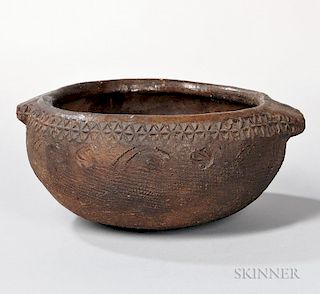 Pottery Bowl, North Georgia, possibly slave made, incised decoration, ht. 4 3/4 x lg. 12 in.  Provenance: Purchased at John M