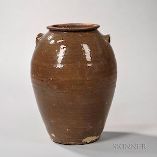 Glazed Stoneware Jar with Lug Handles