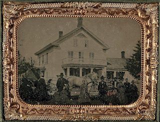 Quarter-plate Tintype Depicting People Posing with a Horse-drawn Carriage in Front of a House