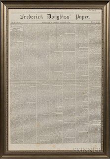 Frederick Douglass' Paper, Rochester, New York, Thursday, December 18, 1851, 26 1/2 x 17 1/2 in., framed.