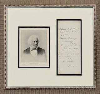 Frederick Douglass Signed Deed, June 6, 1881, framed with a printed portrait of Douglass.