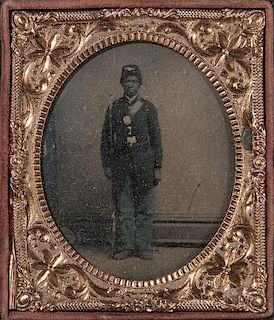 Framed Tintype Depicting an African American Soldier, wearing an infantry uniform, c. 1864.
