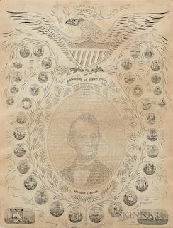 Proclamation of Emancipation, lithograph, showing Abraham Lincoln surrounded by the states, 25 5/8 x 19 5/8 in., unframed, (c