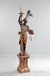 Standing Blackamoor Figure on Pedestal, pedestal ht. 19, figure ht. 54, total ht. 73 in.  Provenance: Purchased at Leslie Hin