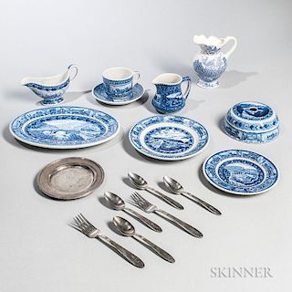 Group of Pullman Car China and Flatware, blue and white transferware.