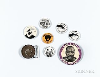 Seven Civil Rights Era Pinback Buttons and a Black Power Buckle