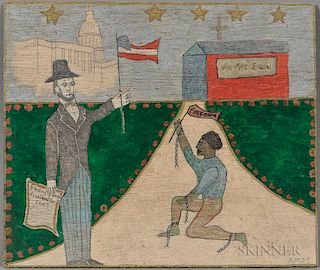 American School (20th Century), Oil on Board Depicting President Lincoln Holding the Emancipation Proclamation, a slave in br