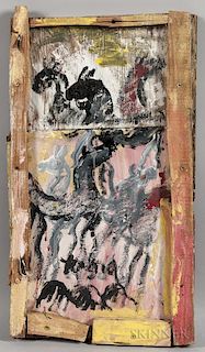 Purvis Young (American, 1943-2010) Oil on Board Depicting a Figure on Horseback, label on reverse from Outsider Folk Art Gall