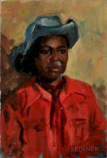 Eleanor Harrington (American, 1904-1992)  Oil on Canvas Depicting an African American Cowboy with Red Shirt