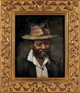 20th Century American School  Oil on Board Depicting an African American Man Wearing a Hat