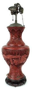 20TH CENTURY, CHINESE CARVED CINNABAR LAMP, LARGE
