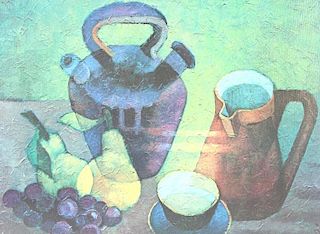 FRUIT & COFFEE PAINTING, ARTIST UNKNOWN, SIGNED