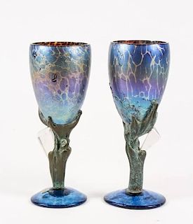 Pair of Colin Heaney Iridescent Goblets w/ Crystal