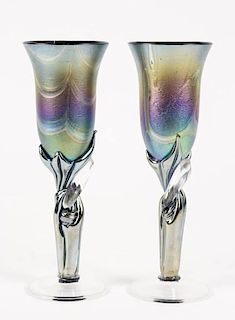 Pair of Colin Heaney Iridescent Art Glass Flutes