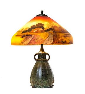 A Pittsburgh Reverse Painted Glass Table Lamp, Diameter of shade 17 3/4 x height overall 22 inches.