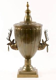 Brass Antlered Deer Head Handled Urn