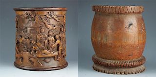 TWO Chinese carved Bamboo brush pot, Carved bamboo
