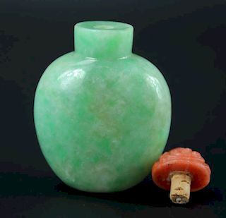 Jadeite snuffle bottle with red coral stopper from Qing