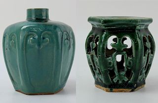 TWO piece Chinese green Shiwan glazed pot and stool