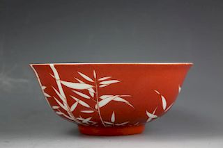 Chinese coral red glazed porcelain bowl depicting Bamboo