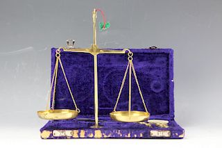 Vintage brass portable balance with weight and box