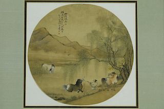 Chinese antique painting of horse bathing in the water