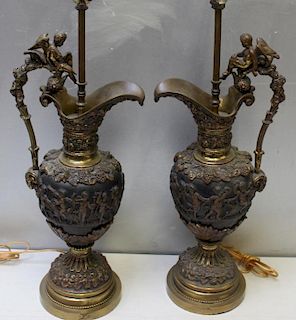 Par of Antique Ornate Bronze Ewers as Lamps.
