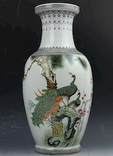 Peacock and Flowers famille rose porcelain vase by Jing