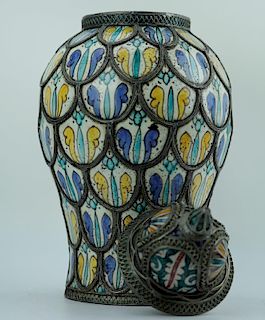 Moroccan ceramic vase with metal overlay from the 19th