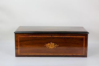 Swiss music box with inlays and a list of 10 songs