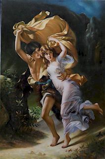 Oil on canvas of a couple running