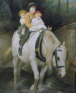 Oil on canvas of children on horse