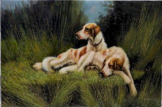 Ron F. signed oil on canvas of two dogs