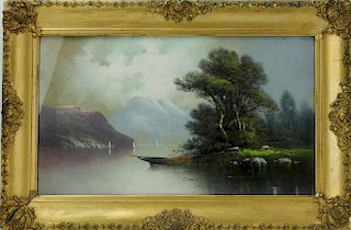 Framed oil painting of lake landscape