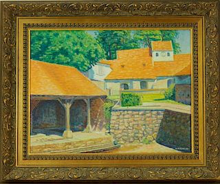 Framed oil painting of a village