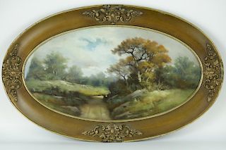 Oval framed oil painting of landscape