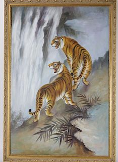 Framed oil painting of tigers