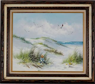 Framed oil painting of a boy by the beach