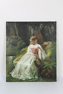Oil on canvas of a lady in white dress sitting at creek