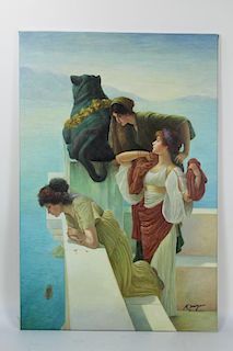 Oil on canvas of three ladies and a leopard by the sea