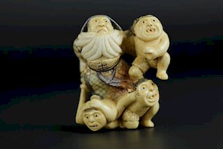 Vintage Netsuke carving of Zhong Kui and demons