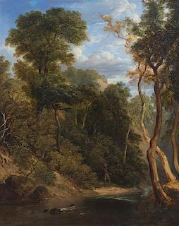 George Simson, (British, 1791-1882), Fishing a Wooded River, 1857