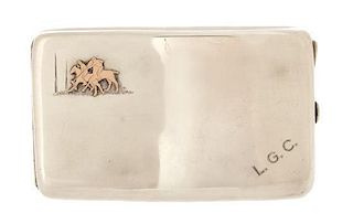 An English Silver Cigarette Case, Charles S. Green & Co., Birmingham, 1918, the lid having a rose gold applique of two polo p