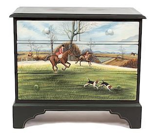 An Equestrian Theme Painted Chest of Drawers Height 32 x width 36 x depth 18 inches.