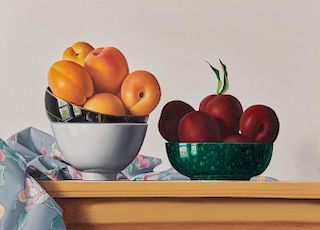 JAMES APONOVICH, (American, b. 1948), Still Life with Apricots and Plums, 1989, oil on canvas