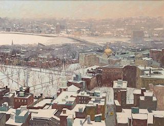 DAVID BAREFORD, (American, b. 1947), Snowy Rooftops, Boston, oil on canvas