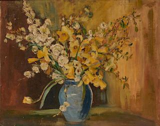LAURA COOMBS HILLS, (American, 1843-1916), Flowers in a Blue Vase, oil on board