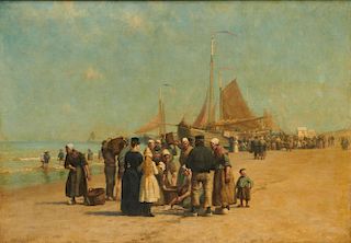 WILLIAM EDWARD NORTON, (American, 1843-1916), Fish Sale on the Beach, Schevinger, oil on panel