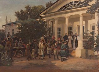 NIKOLAI KORNILIEVICH BODAREVSKY, (Russian, 1850-1921), A Wedding Party, oil on panel